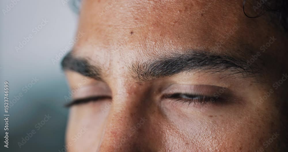 Poster reading, closeup and eyes of man on computer for research, online proposal and finance statistics. c