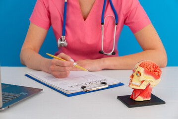 Anatomical model human head on work desk of doctor in medical clinic.