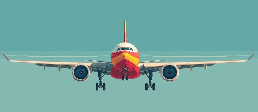 Red and yellow emergency airplane soaring in Hainan sky, minimalist Chinese style, ideal for aviation safety campaigns and travel promotions.