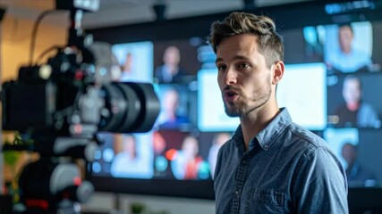 Man Recording a Video Conference, Virtual Meeting, Online Communication, Remote Work, Digital Technology