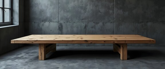wooden wide bench table on a gray concrete empty room wall with a window