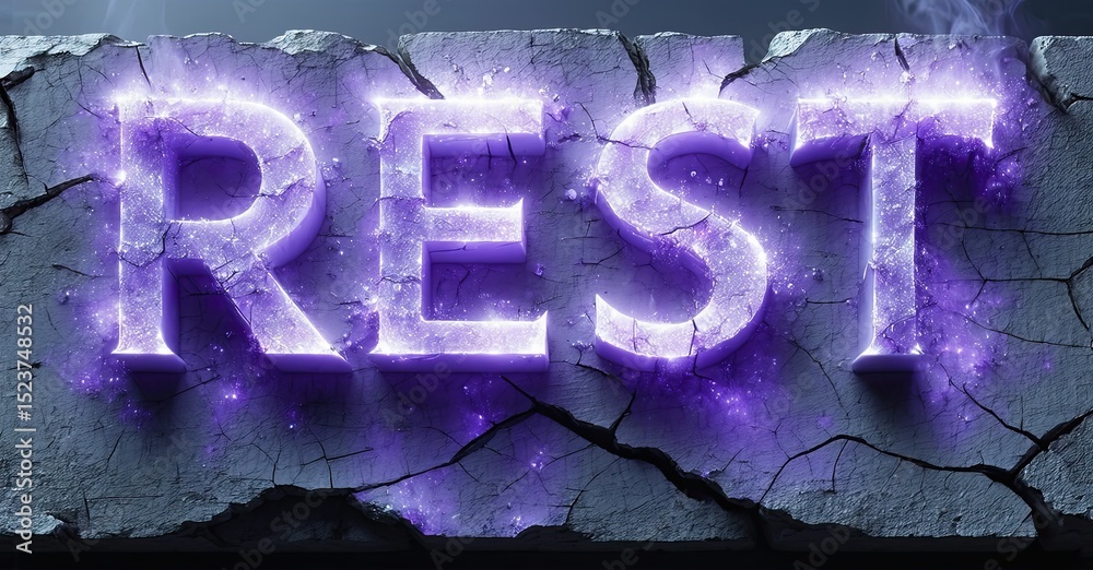 Poster glowing purple text spells rest upon cracked stone surface. dramatic lighting creates intense visual