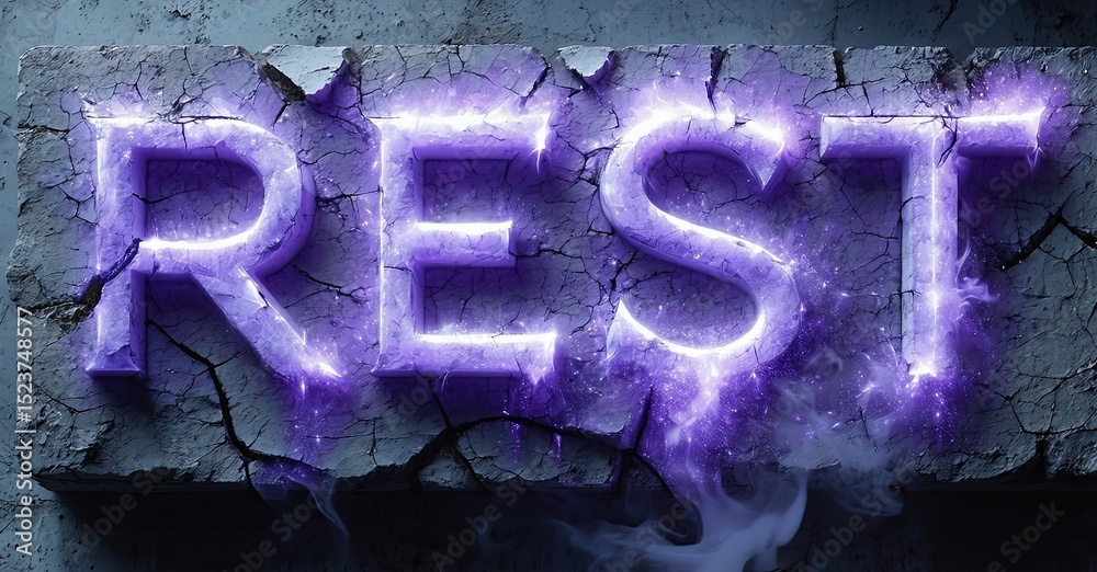 Aufkleber glowing purple text spells rest upon cracked stone surface. smoke rises from fissures, creating dram