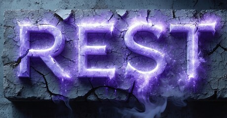 Glowing purple text spells REST upon cracked stone surface. Smoke rises from fissures, creating dramatic effect. Dark background emphasizes luminosity.