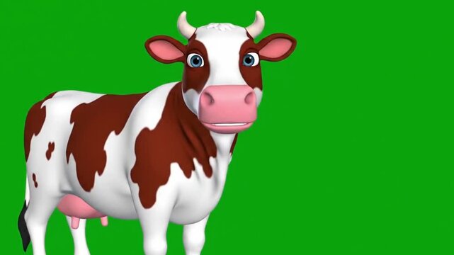 cartoon of a cow against green background suitable for childrens books, farmrelated designs, educational materials, and agriculturethemed projects.