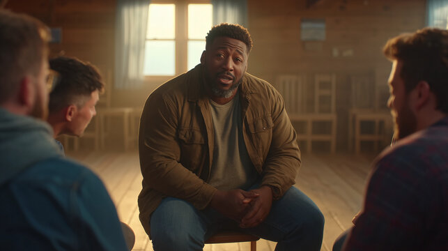 A diverse group of men sits in a supportive circle in a community hall, sharing and listening with empathetic expressions under warm, gentle lighting.
