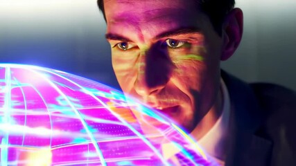 Futuristic technology interaction with holographic globe in a modern office - Powered by Adobe