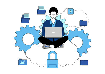 Man working with laptop on clouds, remote work, cloud computing, online, vector illustration