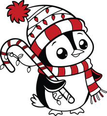 Adorable christmas penguin with candy cane and festive hat