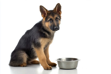 Hungry Dog Sitting Beside Empty Food Bowl