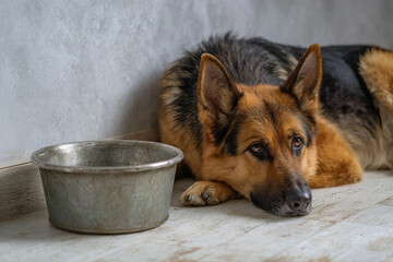 Hungry Dog Sitting Beside Empty Food Bowl