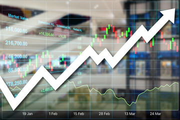 stock financial index show successful investment on commercial department store with graph, chart and candlesticks on interior building blurry background.