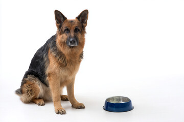 Hungry Dog Sitting Beside Empty Food Bowl