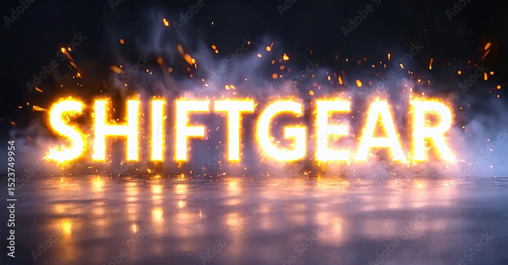 Poster bright text shiftgear glows with fiery particles over dark reflective surface. dramatic lighting cre