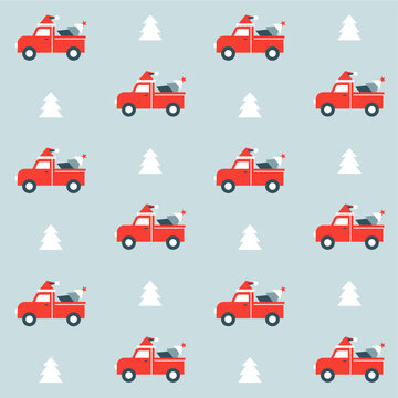 Christmas pattern with red pickup truck