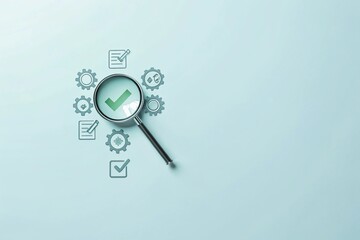 Quality Assurance and Compliance Process with Magnifying Glass and Checkmark on Light Blue Background Product Inspection and Validation