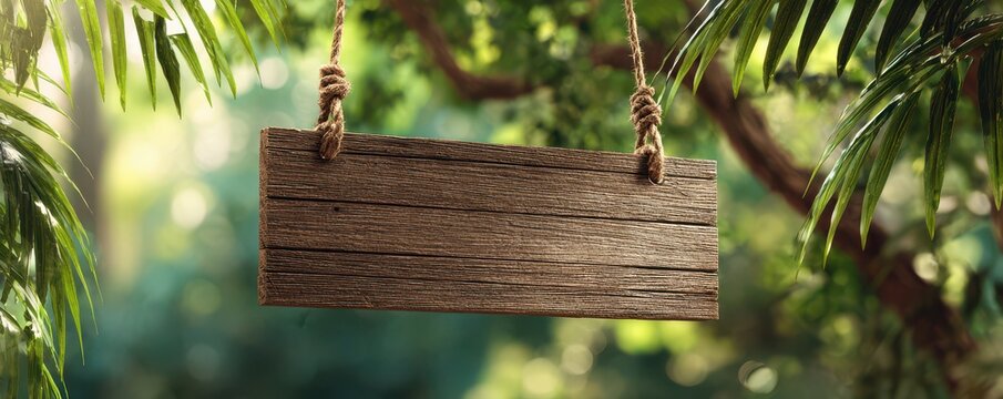 Rustic Wooden Sign Hanging Among Lush Green Foliage in Nature