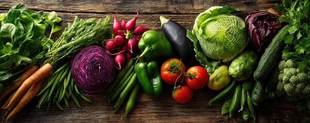Low purine foods with vegetables and fruits remedy concept. A vibrant assortment of fresh vegetables on rustic wooden table.