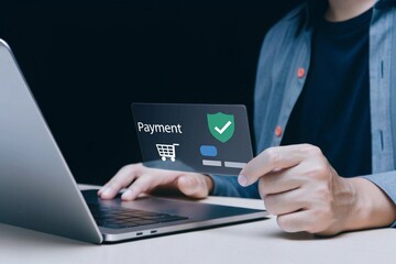 Secure Online Payment with Laptop and Digital Card Shopping Cart and Shield with Checkmark for Security and Protection