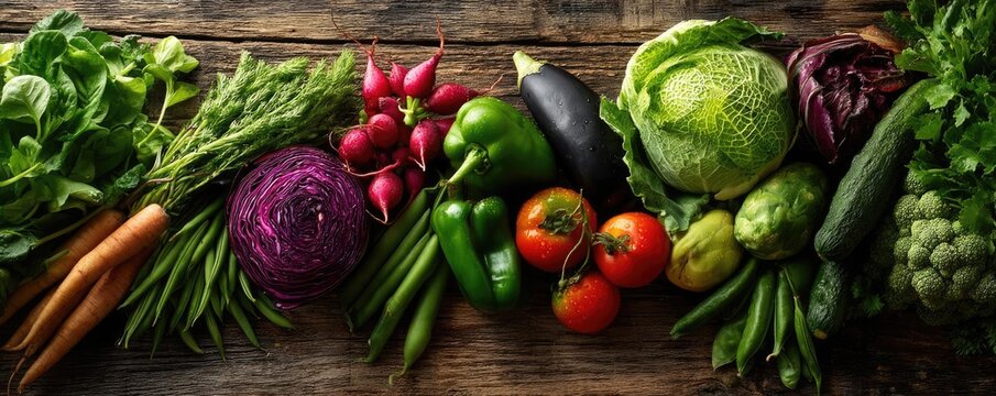 Low purine foods with vegetables and fruits remedy concept. A vibrant assortment of fresh vegetables on rustic wooden table.