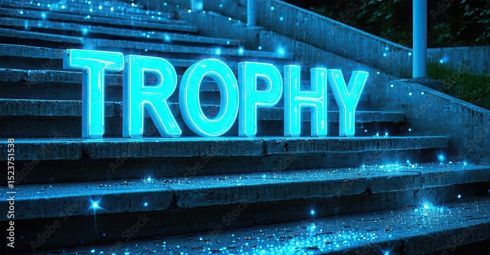 Poster Bright neon word TROPHY illuminates concrete steps. Sparkling lights add dramatic effect, creating celebratory mood. Dark background emphasizes glowing letters.
