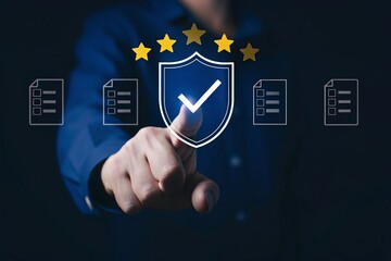 Man touches a digital shield with a checkmark representing quality security and protection with five stars and checklist icons around it