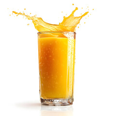 Refreshing glass of orange juice with dynamic splash against a clean white background