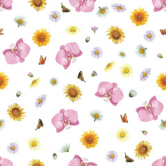 Obraz premium Seamless pattern of sunflower, orchid, daisy with watercolor painted.