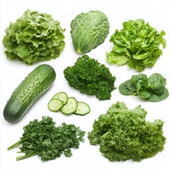Fresh green vegetables assortment on a white background