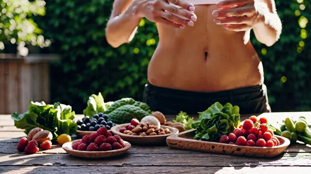 Woman touches belly near natural food. Healthy digestion supported by organic berries and nuts. Fresh diet on wood table. Natural cleanse green food. Healthy woman enjoys balanced nutrition outdoors.