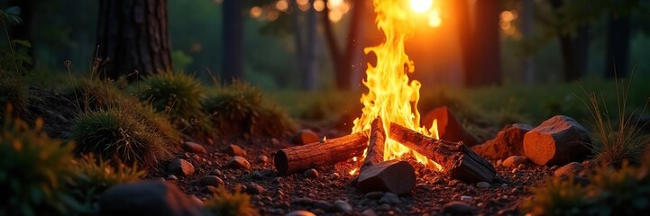 Golden hour sunlight bathes a crackling campfire, casting a warm glow on the surrounding wilderness Embers glow, creating a magical summer night scene , rustic, picturesque