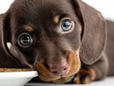 A cute brown dachshund puppy with soulful eyes rests its head near a bowl of food on a white background.