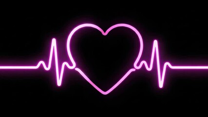 Pink neon heart with heartbeat line.  Heart symbol represents love and health. Design concept for valentine's day card, romantic invitation, or medical website. - Powered by Adobe