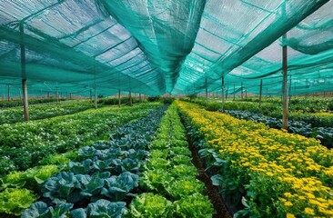 Rows of crops under protective netting