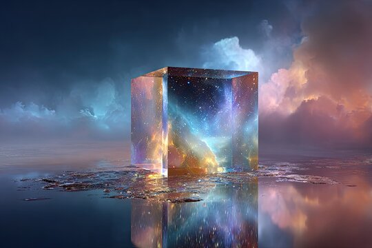 Large Product Ad Podium Colossal crystal empty podium floating in space stars and galaxies behind cosmic and surreal atmosphere