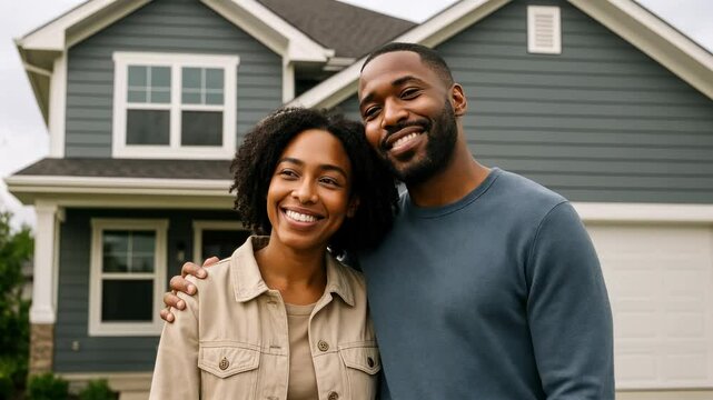 A happy couple stands in front of their new home, smiling at the camera. The low-angle shot adds warmth, perfect for a home-buying video concept.