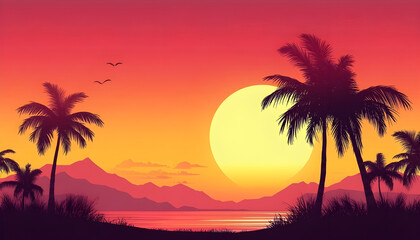 Obraz premium Silhouette of palm trees at tropical sunrise or sunset