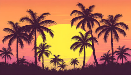 Silhouette of palm trees at tropical sunrise or sunset