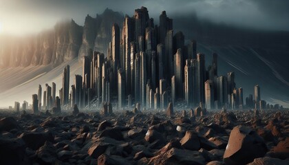 Lava rock pillars in a volcanic field – Tall columnar basalt f