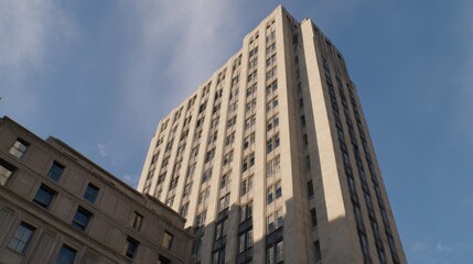 Tall modern skyscraper with light-beige facade and grid-patterned vertical windows, adjacent to an older ornate building with dark-framed windows, under a clear blue sky with wispy clouds and sunlight