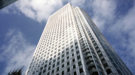 Obraz premium Majestic modern skyscraper with sleek metallic-silver and glass facade, towering towards the clear blue sky adorned with wispy white clouds, captured from a low angle to emphasize its grandeur and hei