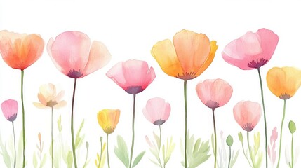 Fototapeta premium Dancing across the paper is a vibrant watercolor illustration of a blooming poppy patch in an array of purple, orange, and yellow hues