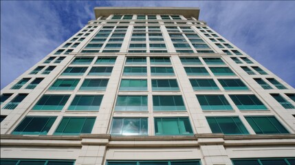 Majestic modern skyscraper with sleek geometric design and white-toned facade, featuring large green-tinted windows reflecting a clear blue sky with wispy clouds. The low-angle perspective emphasizes 