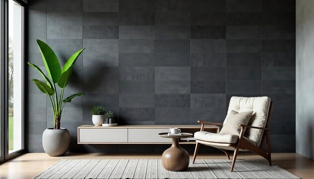 Sleek grey slate tiles create a modern, minimalist interior design feature on a wall, adding texture and sophistication to the room , background, abstract, stone