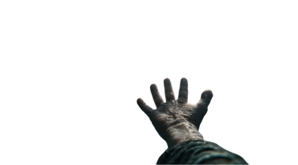 A reaching hand against a black background