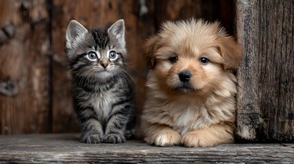 A tabby kitten with striking blue eyes sits next to a fluffy puppy against a rustic wooden background.