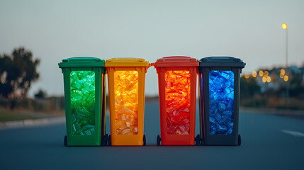 Fototapeta premium Four colorful recycling bins filled with sorted plastic bottles are lined up outdoors on a road at dusk.