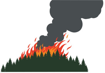 Dramatic forest fire with rising smoke. A stylized illustration depicts flames consuming trees against a pale background. Evokes a sense of intensity and natural power.