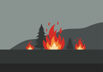 A dramatic hillside fire consumes trees against a muted grey backdrop. Intense flames and smoke create a powerful, visually striking scene. Suitable for impact and warning imagery.