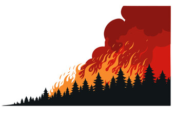 Dramatic forest fire consumes pine trees against a stark red background. Bold, graphic style. Evokes intensity and power. Suitable for impact visuals. © Vector Factory